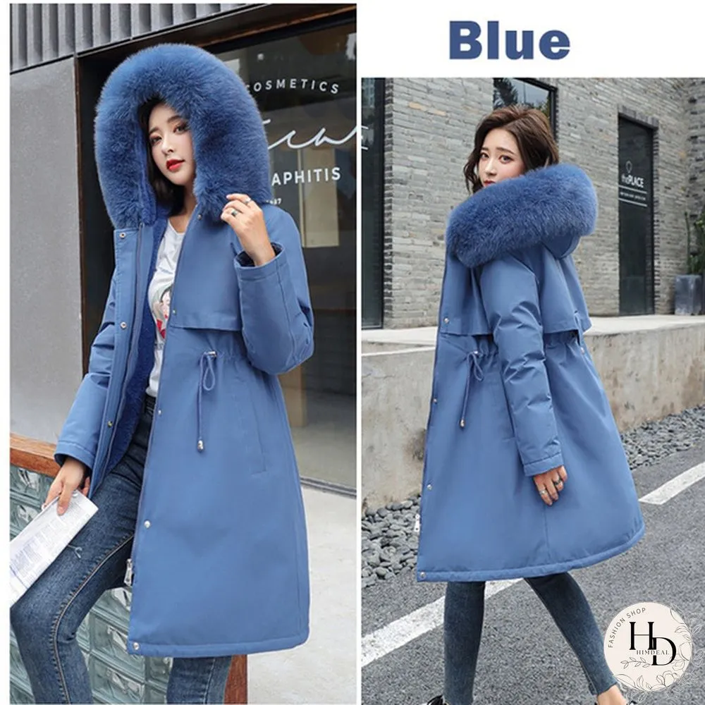 New cotton liner parker parka fashion adjustable waist fur collar winter jacket women