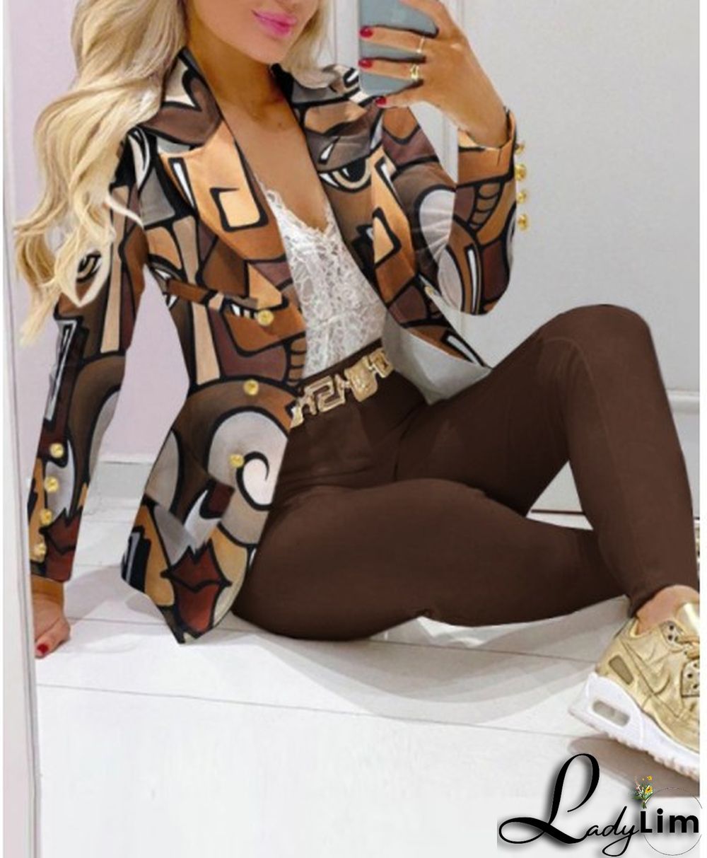 Fall Casual Fashion Suits Women's Print Blazer and pants two piece set