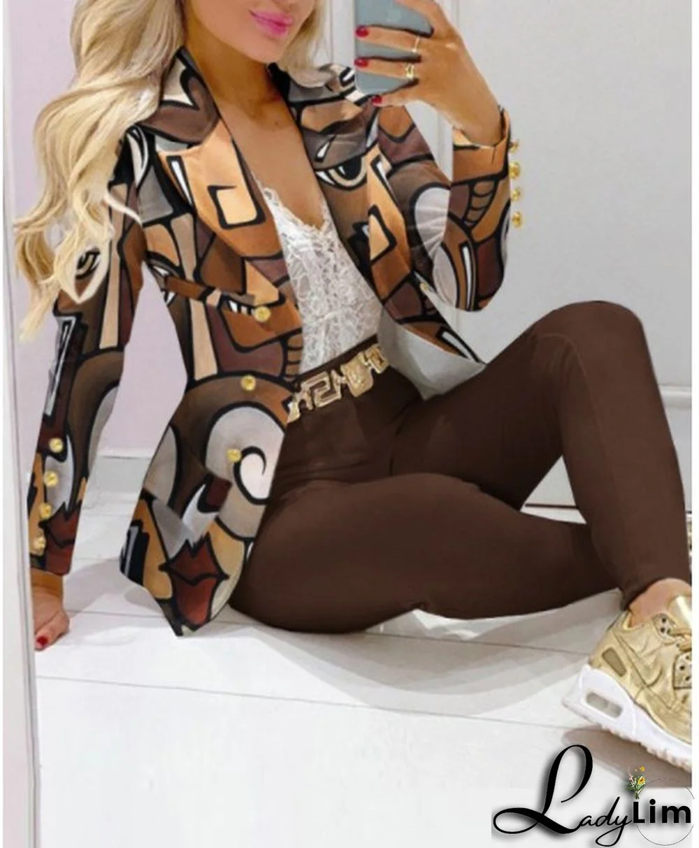 Fall Casual Fashion Suits Women's Print Blazer and pants two piece set