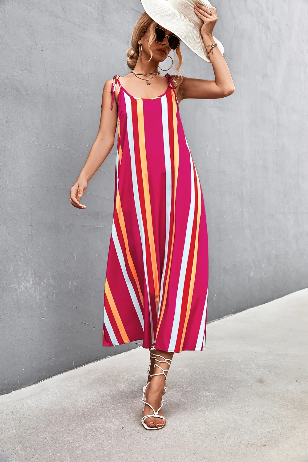 Sexy Dress For Women Summer Dresses New Casual Loose Beach High Waist Backless Lace-up Contrast Stripe Long Sling Dress