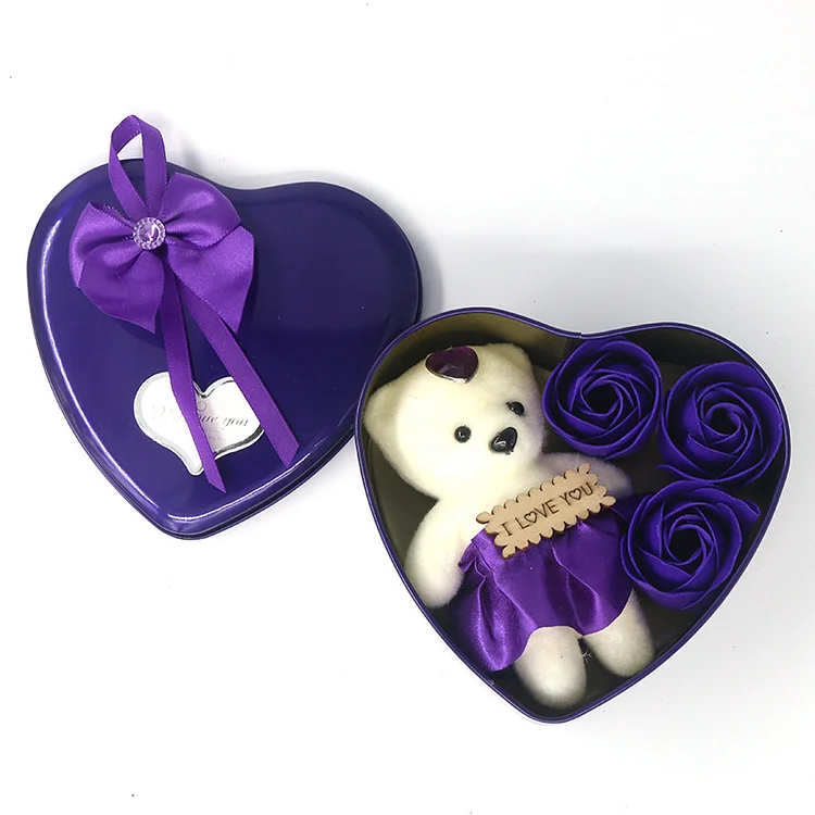 Teddy Bear Rose Soap Flower Gift Box Set Heart-Shaped Metal Box Gift for Her