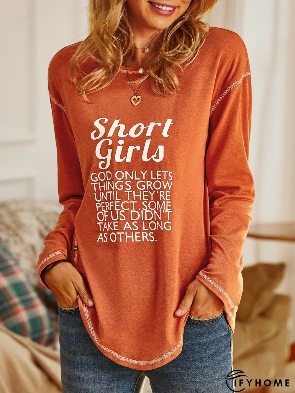 Letters Long Sleeve Crew Neck Buttoned Casual T-Shirt | IFYHOME