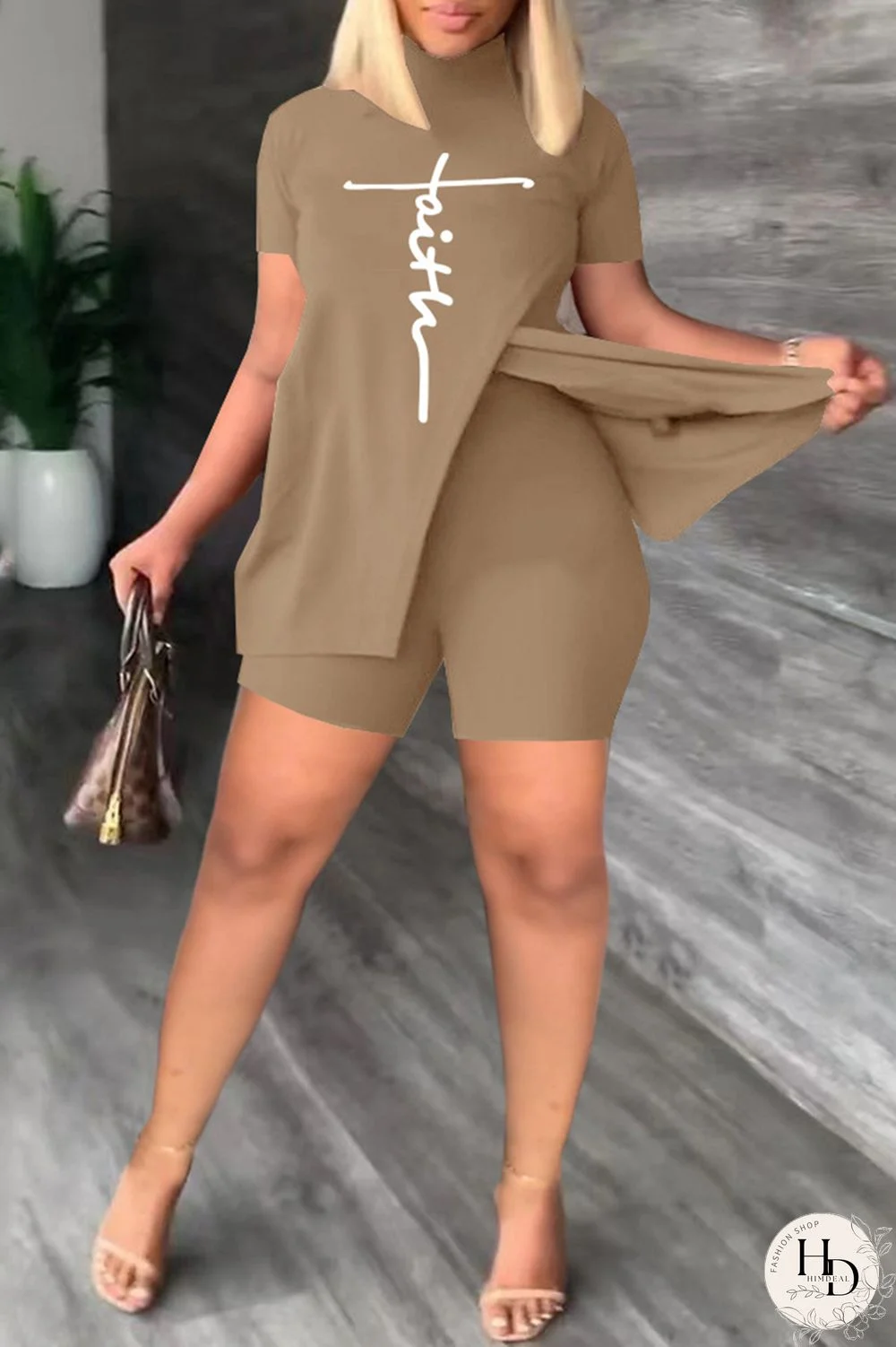 Khaki Casual Print Slit Turtleneck Short Sleeve Two Pieces