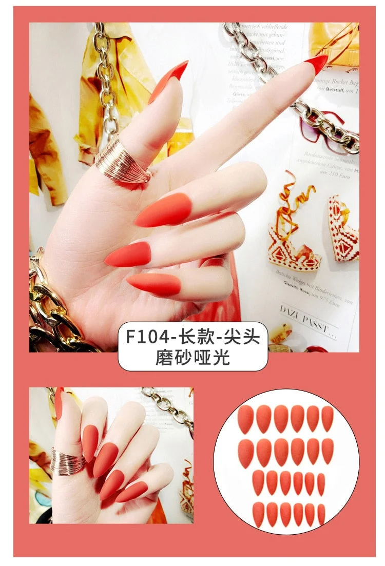 24Pcs Charming Fake False Nails Tips Wine Red Pointed Head Full Cover Nail Tips Long Style Nude Artificial Flase Nails with Glue-Nail Inspo