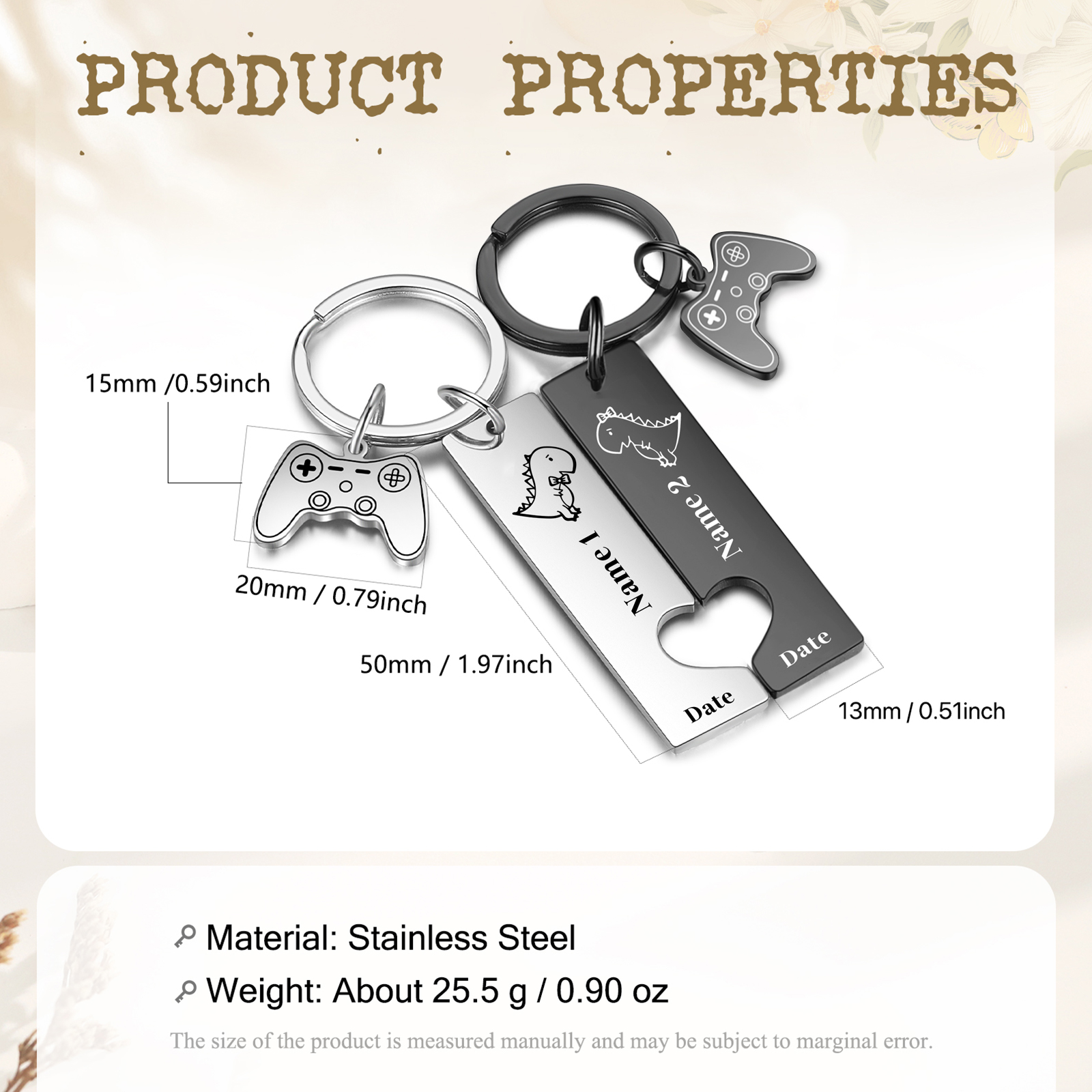 Personalised Couple Keychain Dinosaur Custom 2 Names Date Keyring Game Console Valentine's Day Gift for Him/Her-Jessemade AU