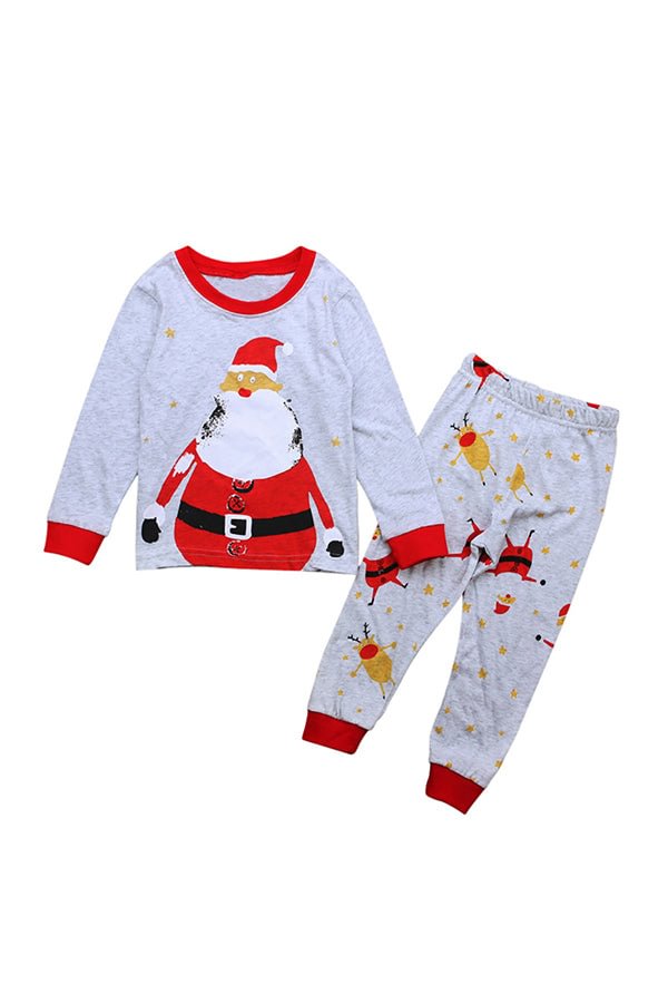 Crew Neck Long Sleeve Santa Claus Print Christmas Kids Pajama Suit Gray-elleschic