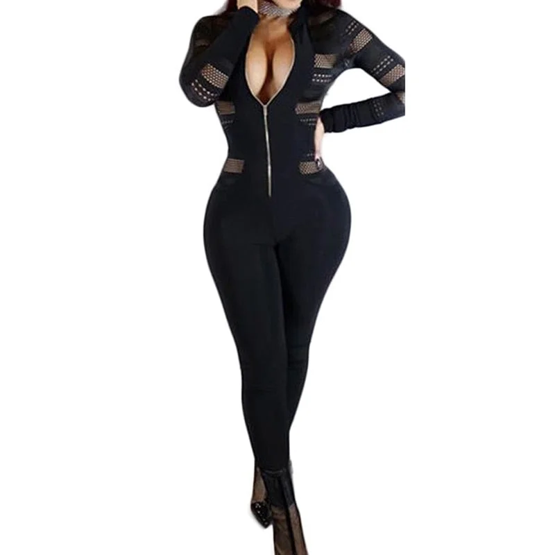 Black Sexy Bodycon Jumpsuit Romper Long Sleeve Bodysuit Women Zipper V Neck Jumpsuit Elegant Full Length Polyester 2020