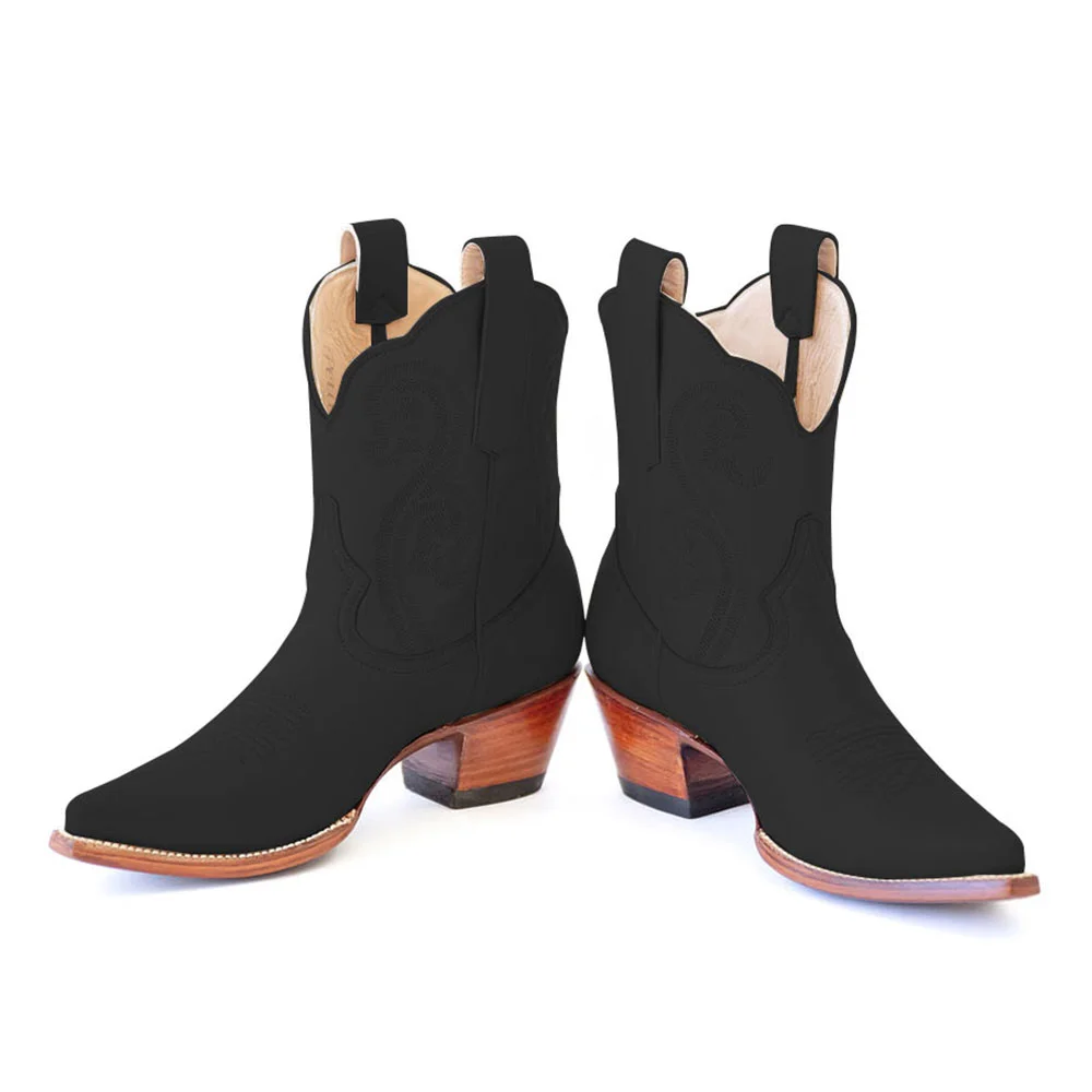 Black Embroidered Snip Toe Chunky Heel Western Short Boots for Women