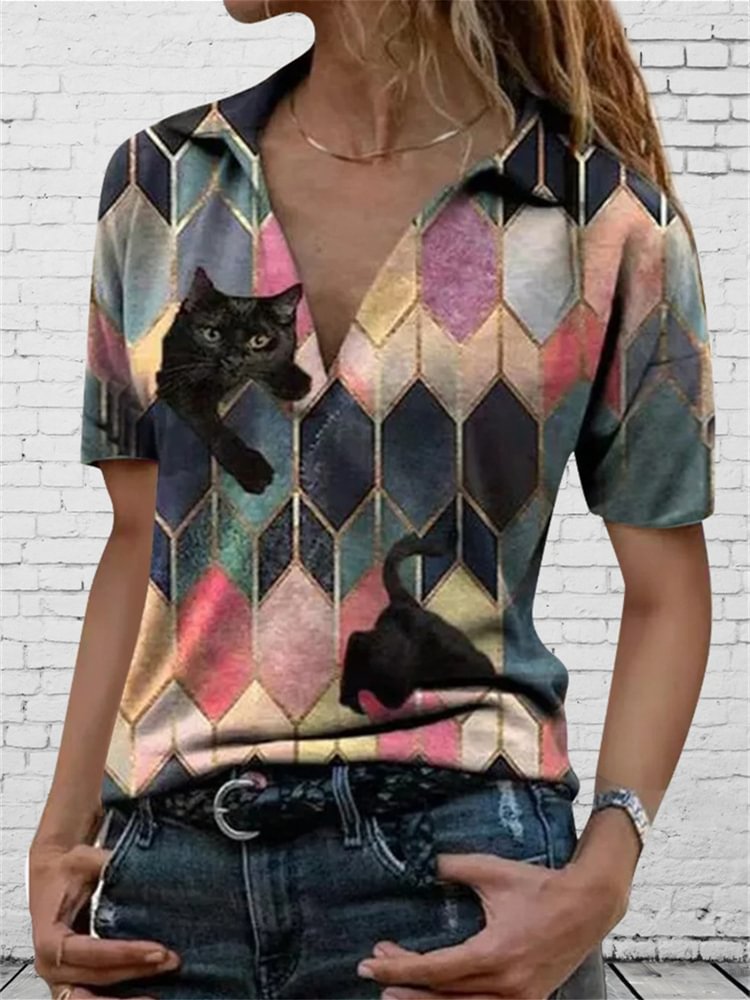 Artwishers Black Cat Geometric Pattern T Shirt