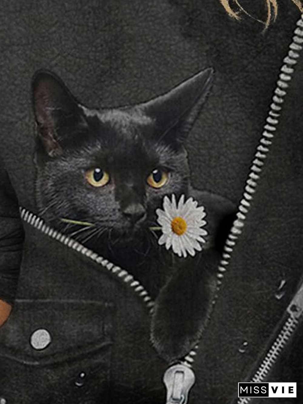 Cat Flower Print O-neck Long Sleeve Casual T-shirt