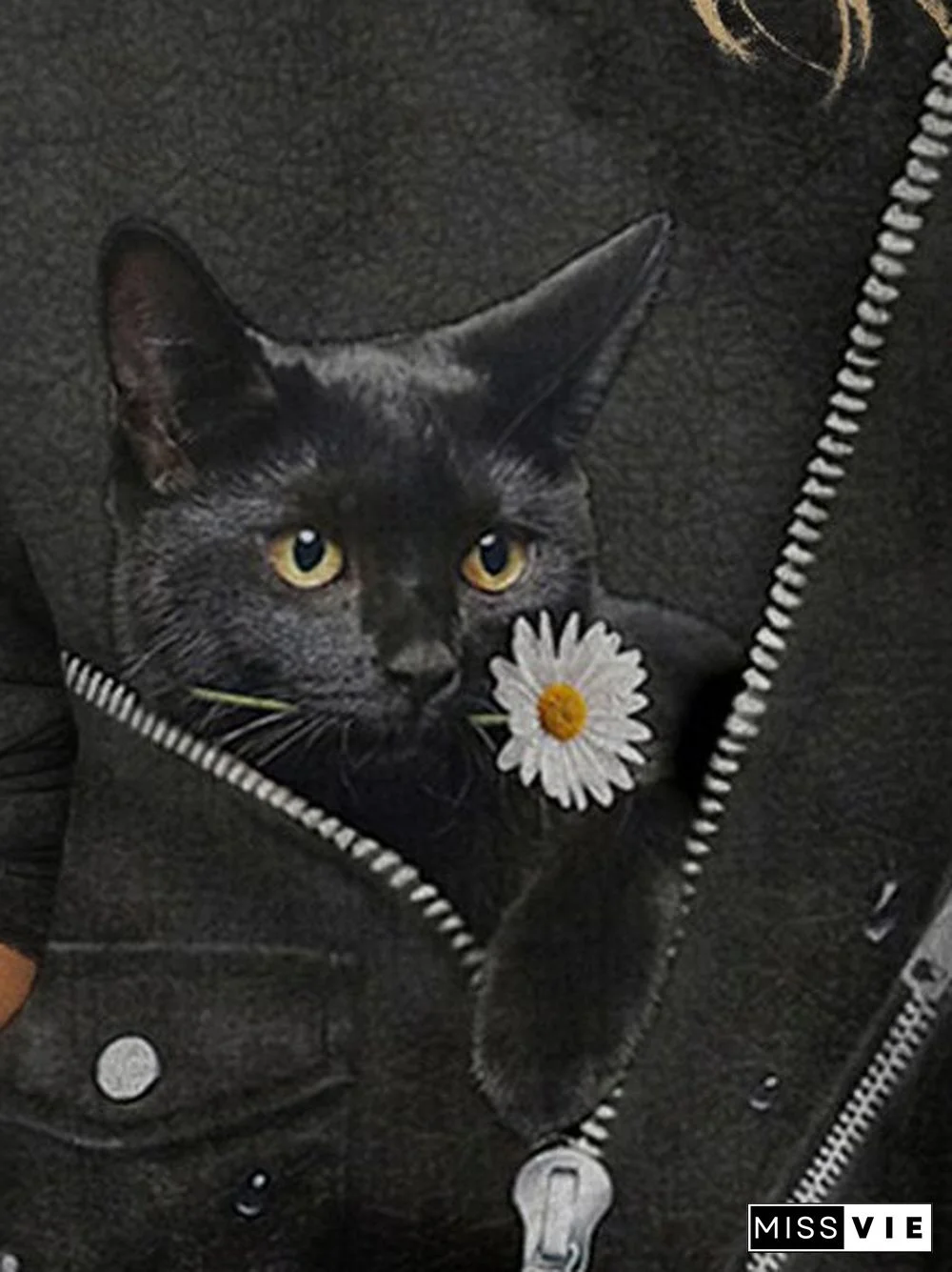 Cat Flower Print O-neck Long Sleeve Casual T-shirt