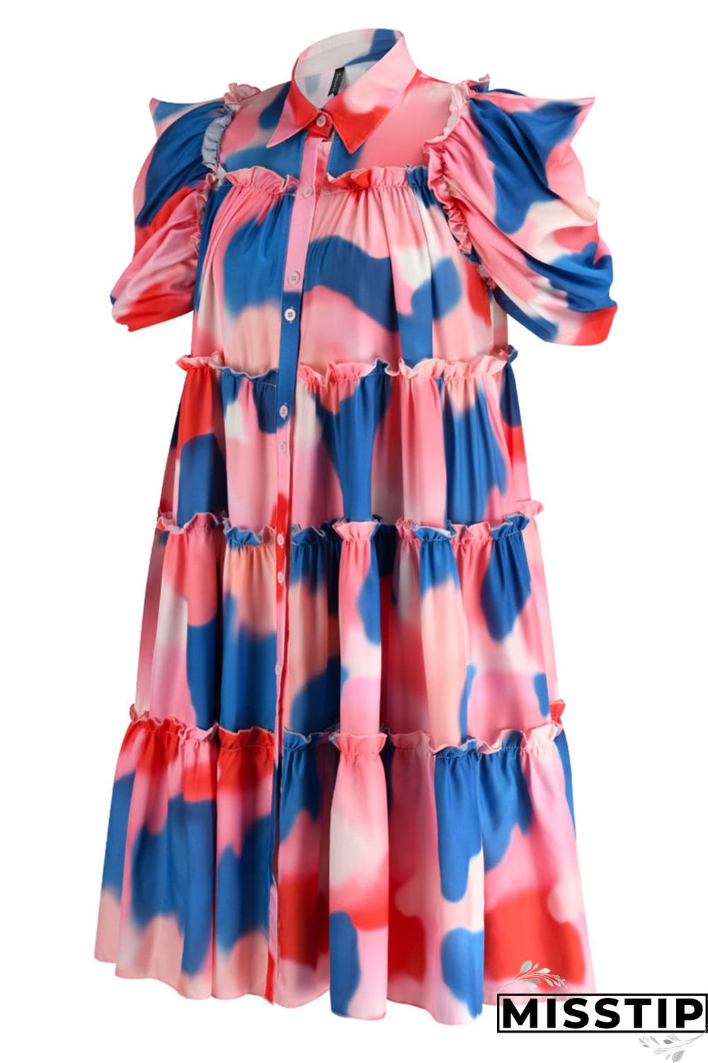 Pink Fashion Casual Print Patchwork Buckle Turndown Collar A Line Dresses