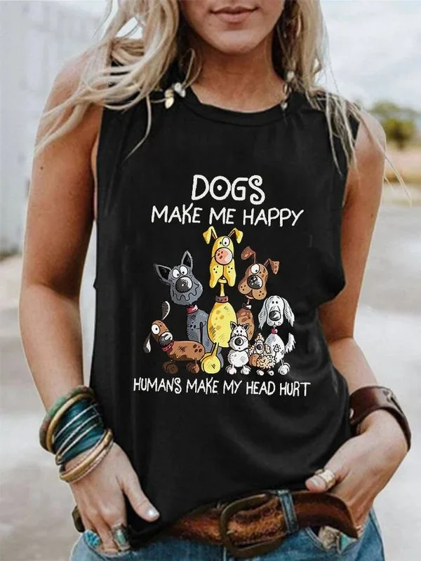Dogs Make Me Happy Print Sleeveless Tank Top