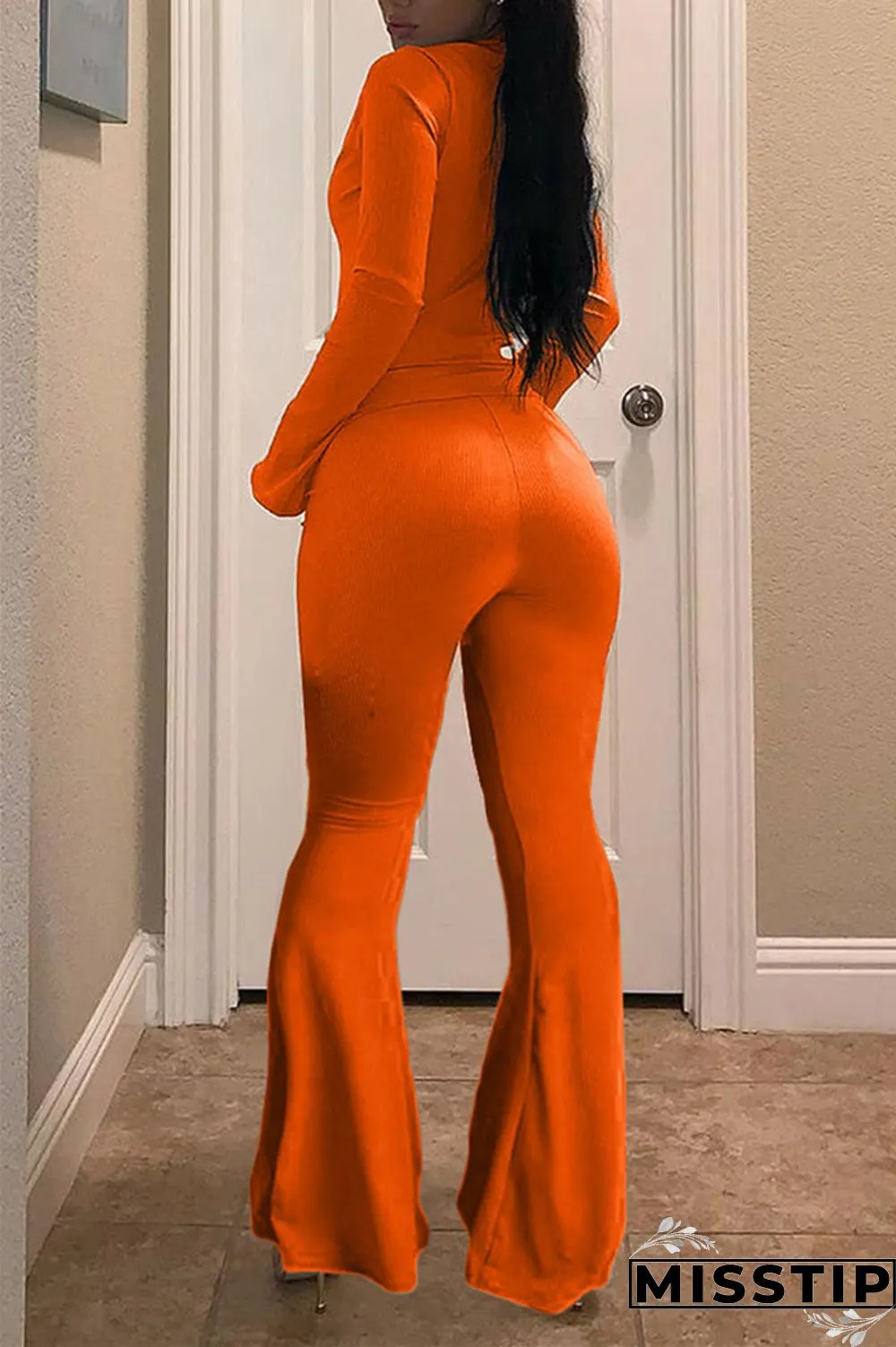 Orange Elastic Fly Long Sleeve Mid Solid Loose Pants Bottoms