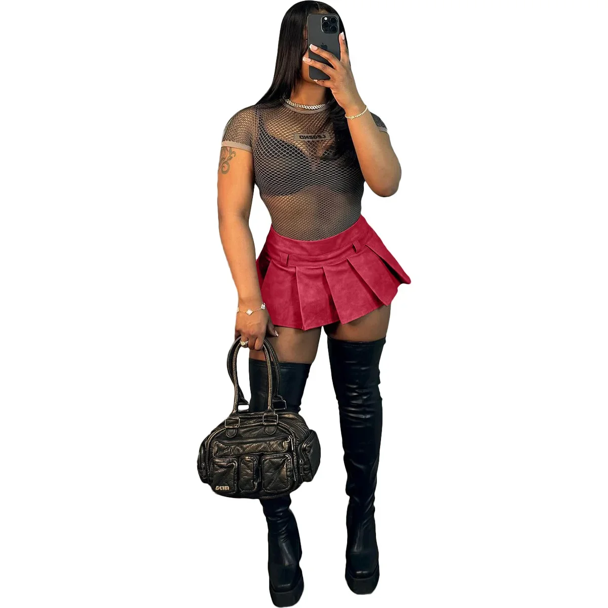 Parigaminghub Summer Women Tie Dye PU Leather Sexy Pleated Mini Skirt Street Girl Holiday Beach Basic Zipper Night Party Club Skirts