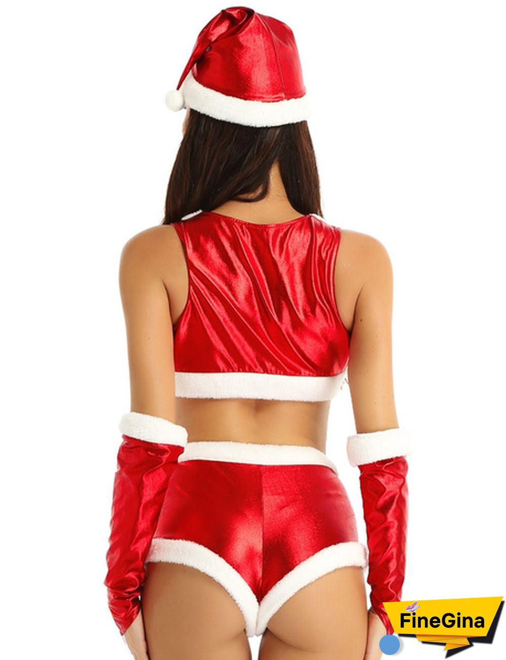Women Adults Santa Christmas Babe Costume Sleeveless Shiny Metallic Crop Top Zip Up Buckled Shorts 4Pcs Outfit #S-XL