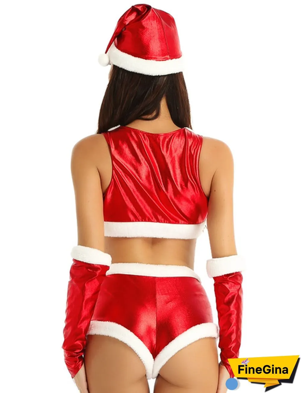 Women Adults Santa Christmas Babe Costume Sleeveless Shiny Metallic Crop Top Zip Up Buckled Shorts 4Pcs Outfit #S-XL