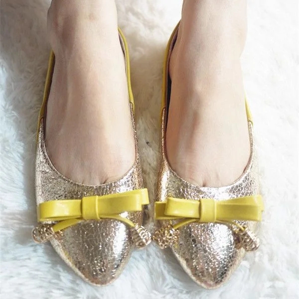 Champagne Crack Grain Bow Flat Wedding Shoes Vdcoo