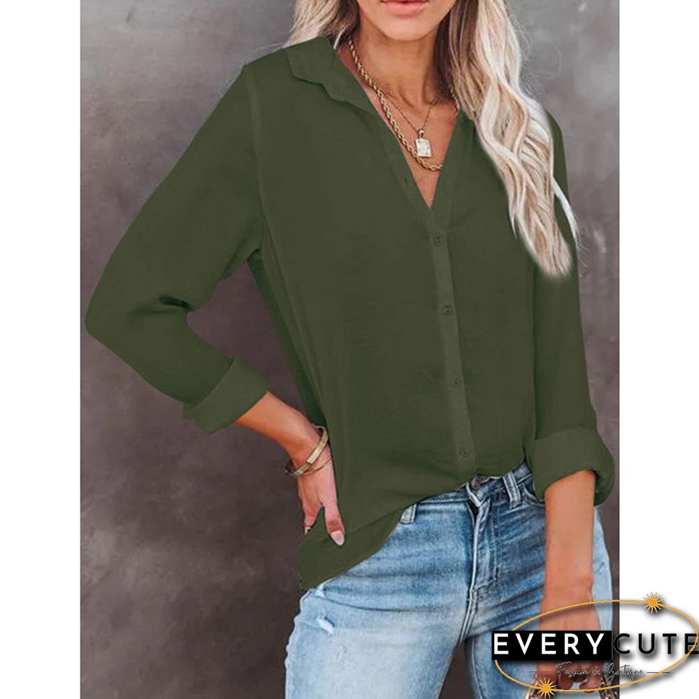 Army Green Button V Neck Long Sleeve Shirt