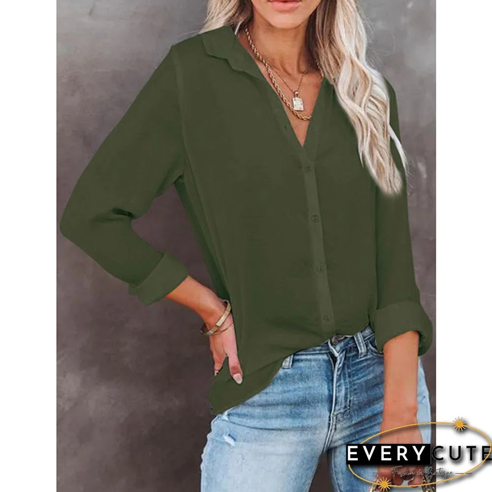Army Green Button V Neck Long Sleeve Shirt