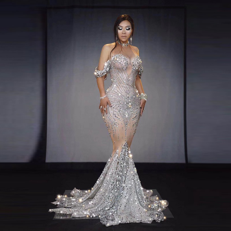 Diamonembellished Low Cut Deep V Dresses Accentuate Chest&hip Nude Long Dresses