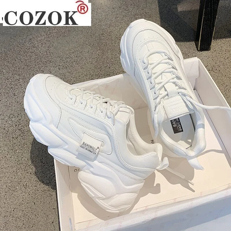 Women Shoes Spring 2021 New White Platform Sneakers Women Shoes Beige Leather Casual Shoes Women Lace-up Women Vulcanized Shoes