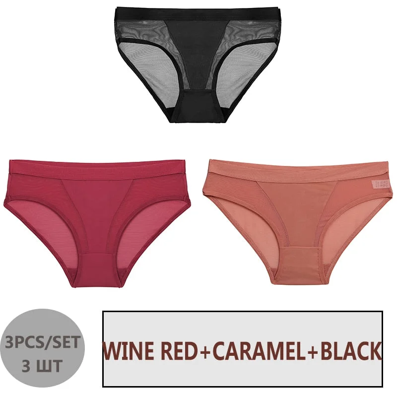 FINETOO 3PCS/Set Women Panties Sexy Mesh Lingerie Breathable Female Underwear For Woman Low-Rise Underpant Woman Panties Briefs