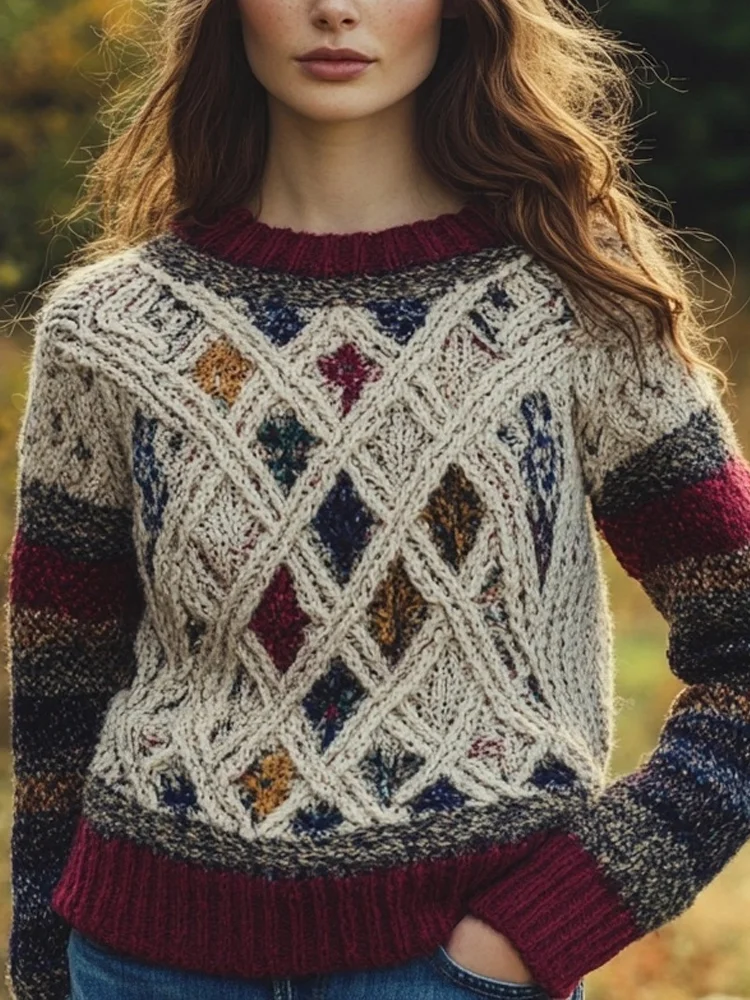 Utbros Vintage Rhombus Jacquard Crew Neck Cozy Sweater