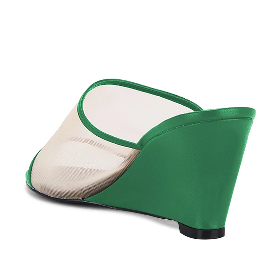 Green Vegan Leather and Mesh Open Round Toe Wedge Heel Mules for Women