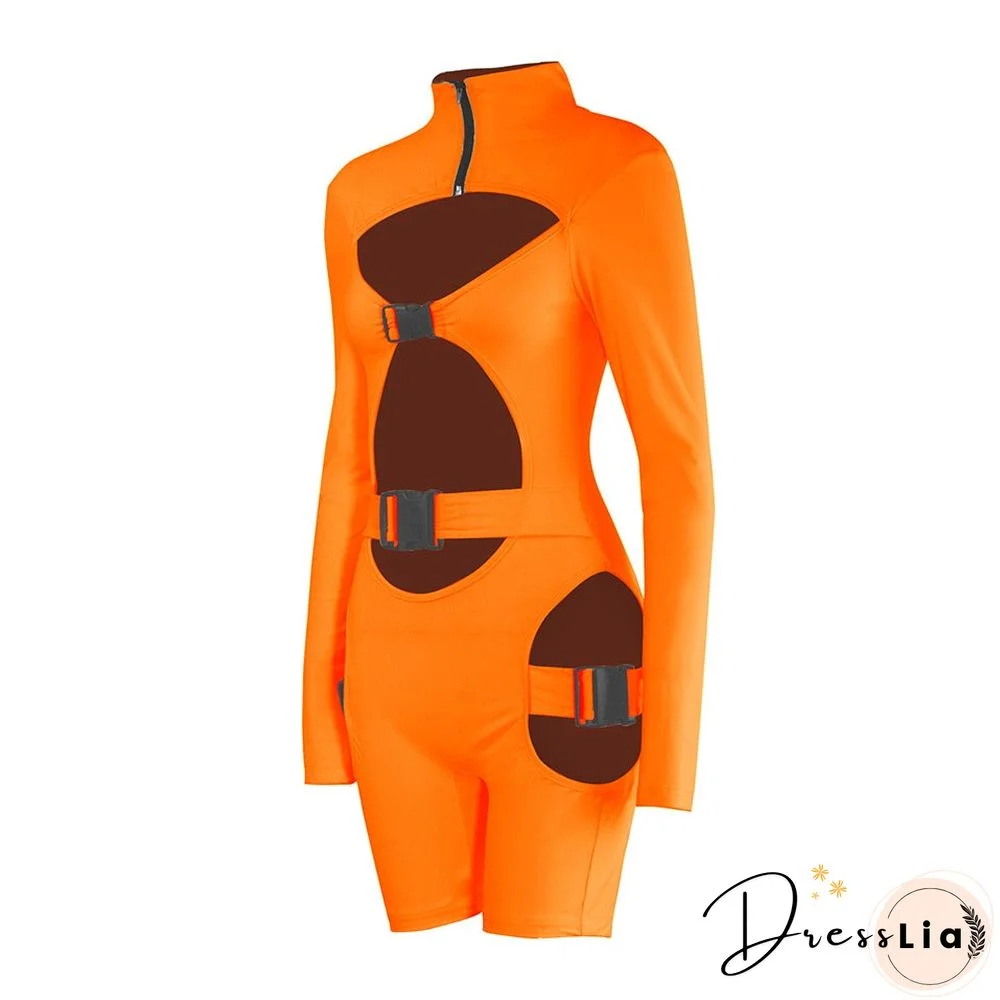 Women's Shorts Fluorescent Green Long Sleeve Jumpsuit