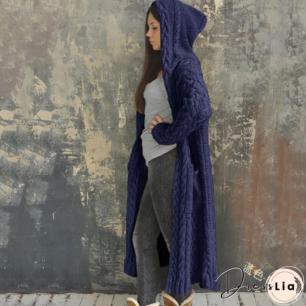 Hooded Solid Knitted Long Cardigan Twist Sweater Coat