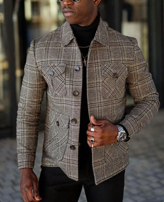 Daily Multi-Pocket Turndown Collar Buttons Plaid Jacket 