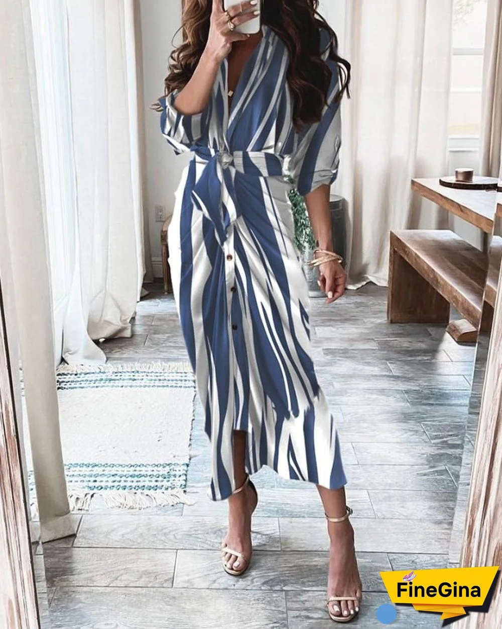 Tied Detail Ruched Striped Print Colorblock Shirt Dress P15972