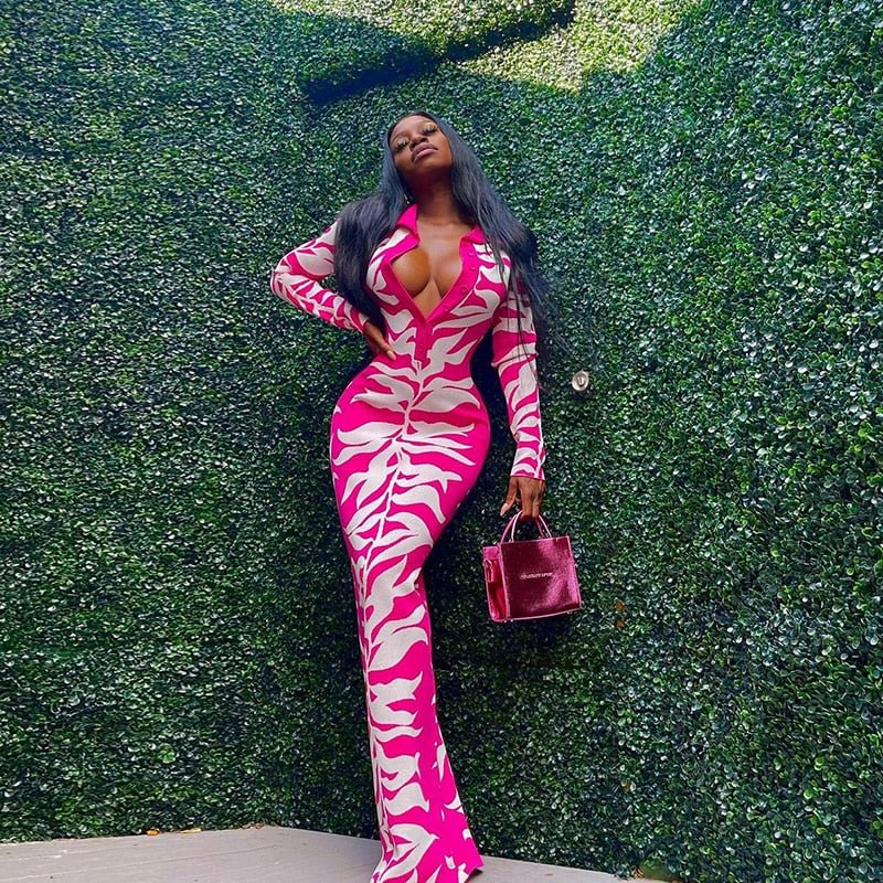 2021 Fall Wholesale Clothes Streetwear Dropshipping Women Autumn Long Sleeve Floral Printed Bodycon Pink Long Dress