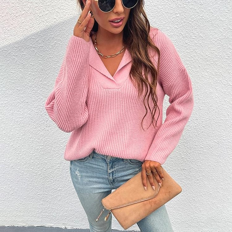 Mayoulove Women's Sweaters Suit Collar Long Sleeve Loose Pullover Knitted Sweater-Mayoulove
