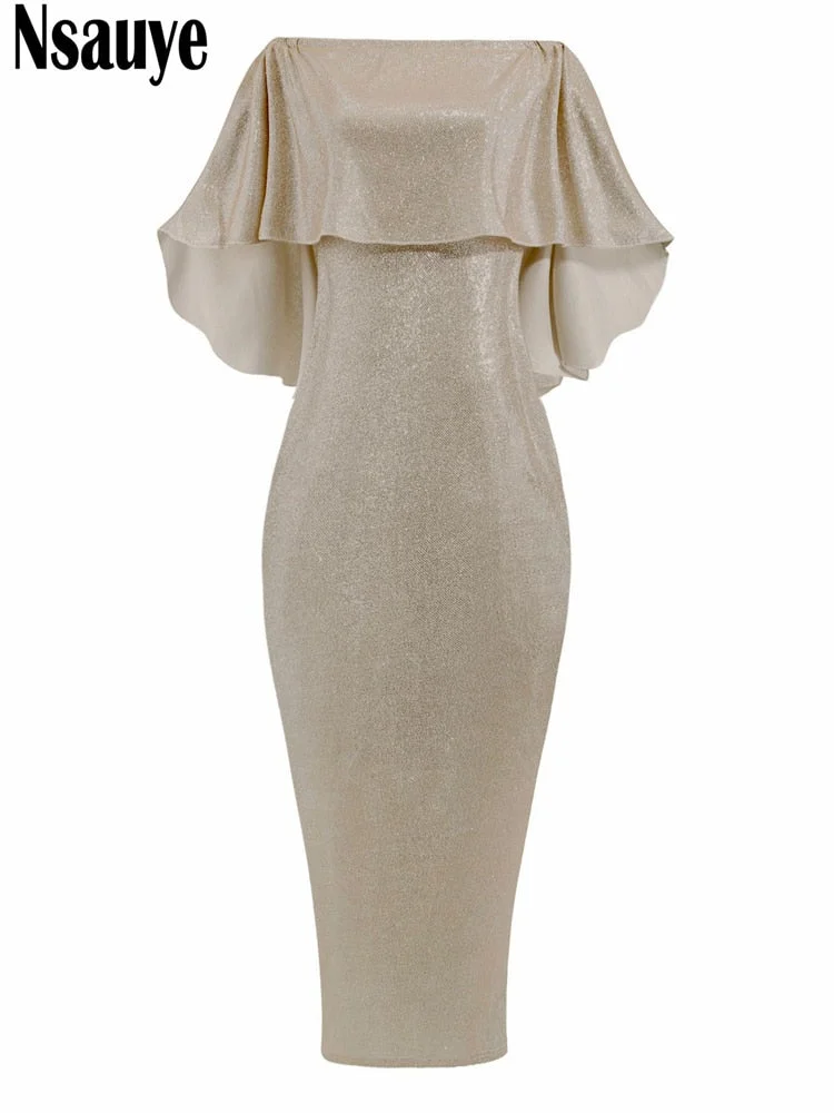 Nsauye 2022 Bling Glitter Elegant Party Evening Maxi Dress Y2K Bodycon Sexy Women Summer Off Shoulder Ruffles Solid Long Dresses
