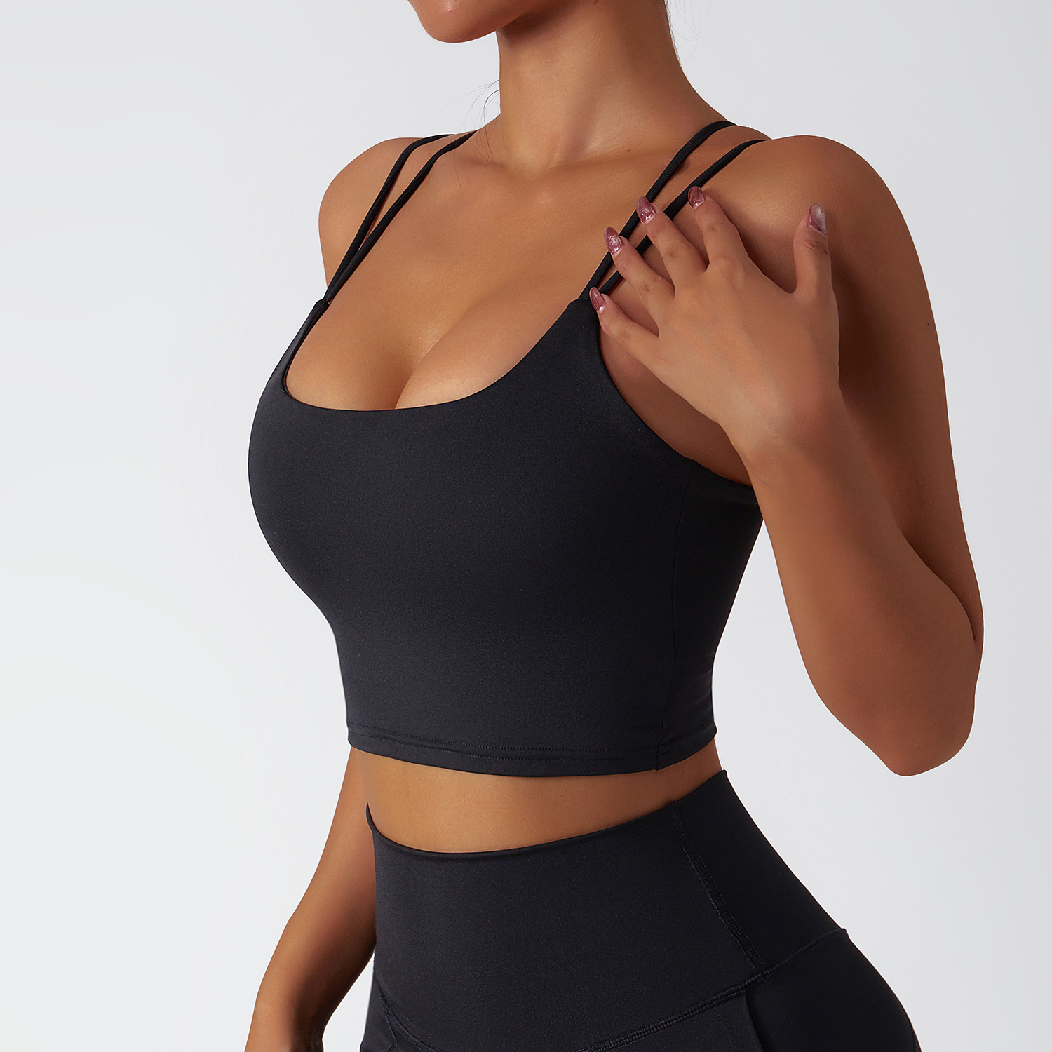 Buy different colors and types of environmentally friendly recycled fabric 4 way stretch ethically made naked feel high support cross back sports bra on Hergymclothing