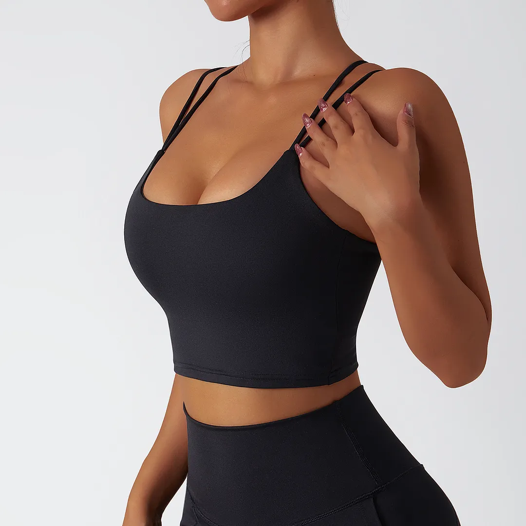 Buy different colors and types of environmentally friendly recycled fabric 4 way stretch ethically made naked feel high support cross back sports bra on Hergymclothing
