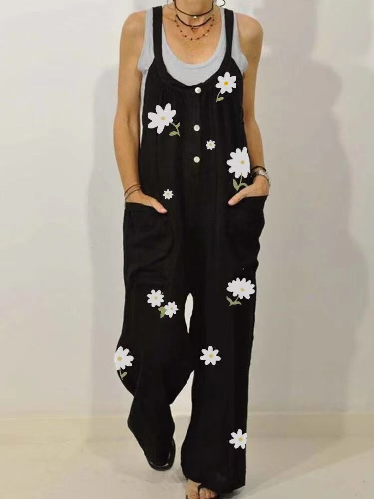 Women's Black Print Pockets Sleeveless Jumpsuit