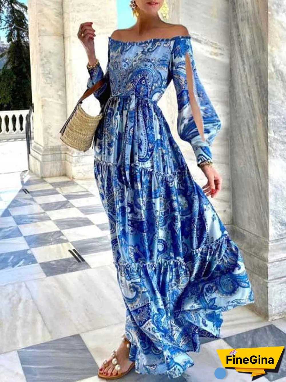 Open Shoulder Slit Sleeve Beach Dress