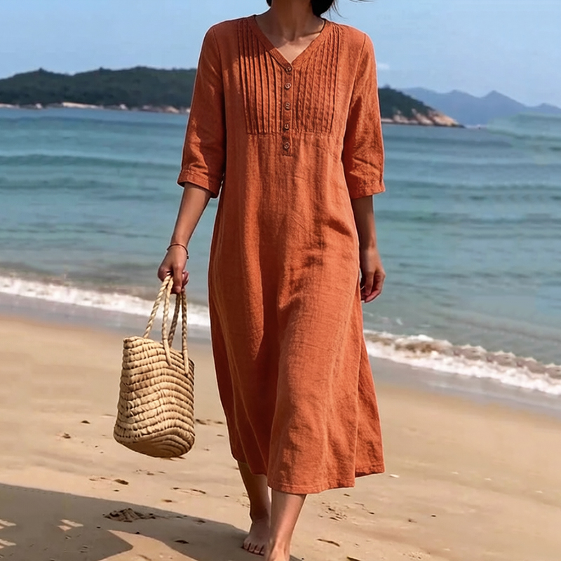 Women's Solid Color Multi-pleated Linen Blend Dress elevenforest