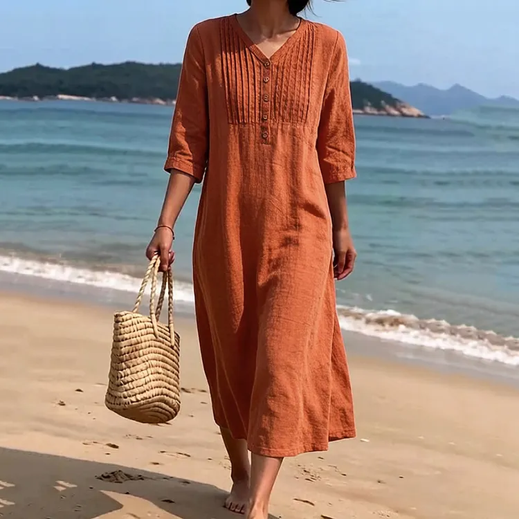 Women's Solid Color Multi-pleated Linen Blend Dress