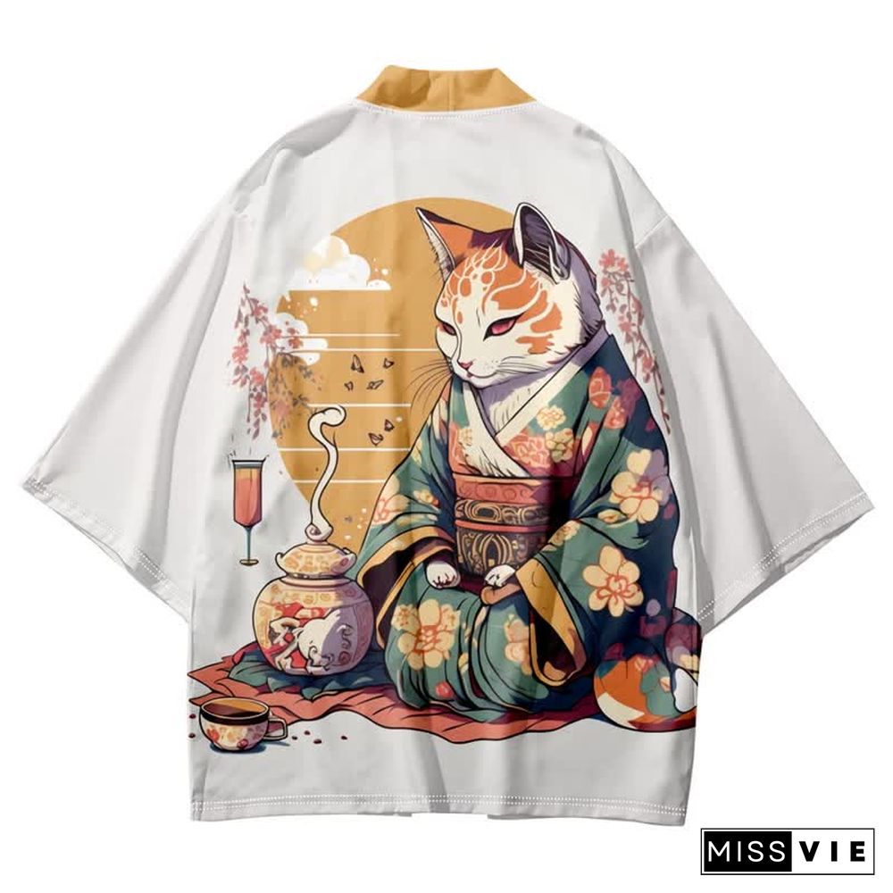 Vintage Cat Warriors Print Cardigan Kimono Outerwear