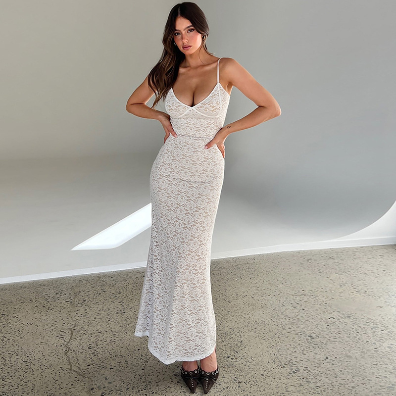 Ootddress Lace Hollow Out Backless Maxi Dress Slim V-Neck See-Through High Street Summer Elegant Party Dress Fashion Slim Dress 2025