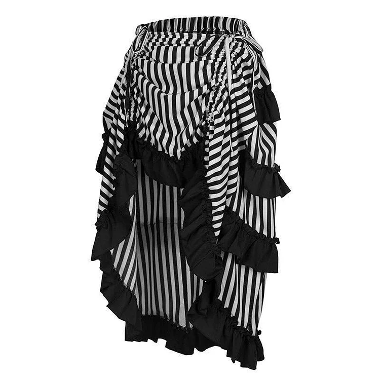 Frilly Steampunk Contrast Color Striped Drawstring Folds Skirt