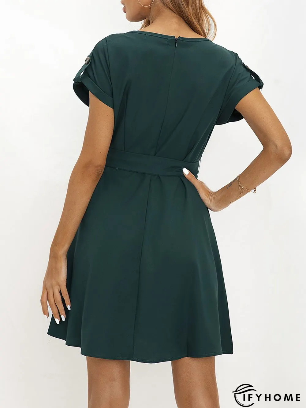 Green Tc V Neck Casual Plain Weaving Dress | IFYHOME