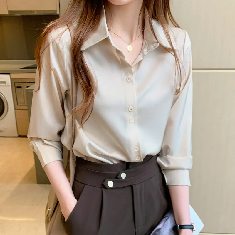2021 Fashion Satin Long Sleeve Blouses Button Up White OL Vintage Tops V-neck Solid Ladies&rsquo; Tops Women's Silk Shirts Women 17278