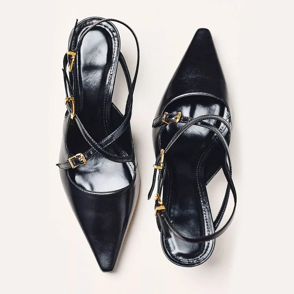 Pointed Toe Slingback Cross-Strap Kitten Heel Black Pumps for Women
