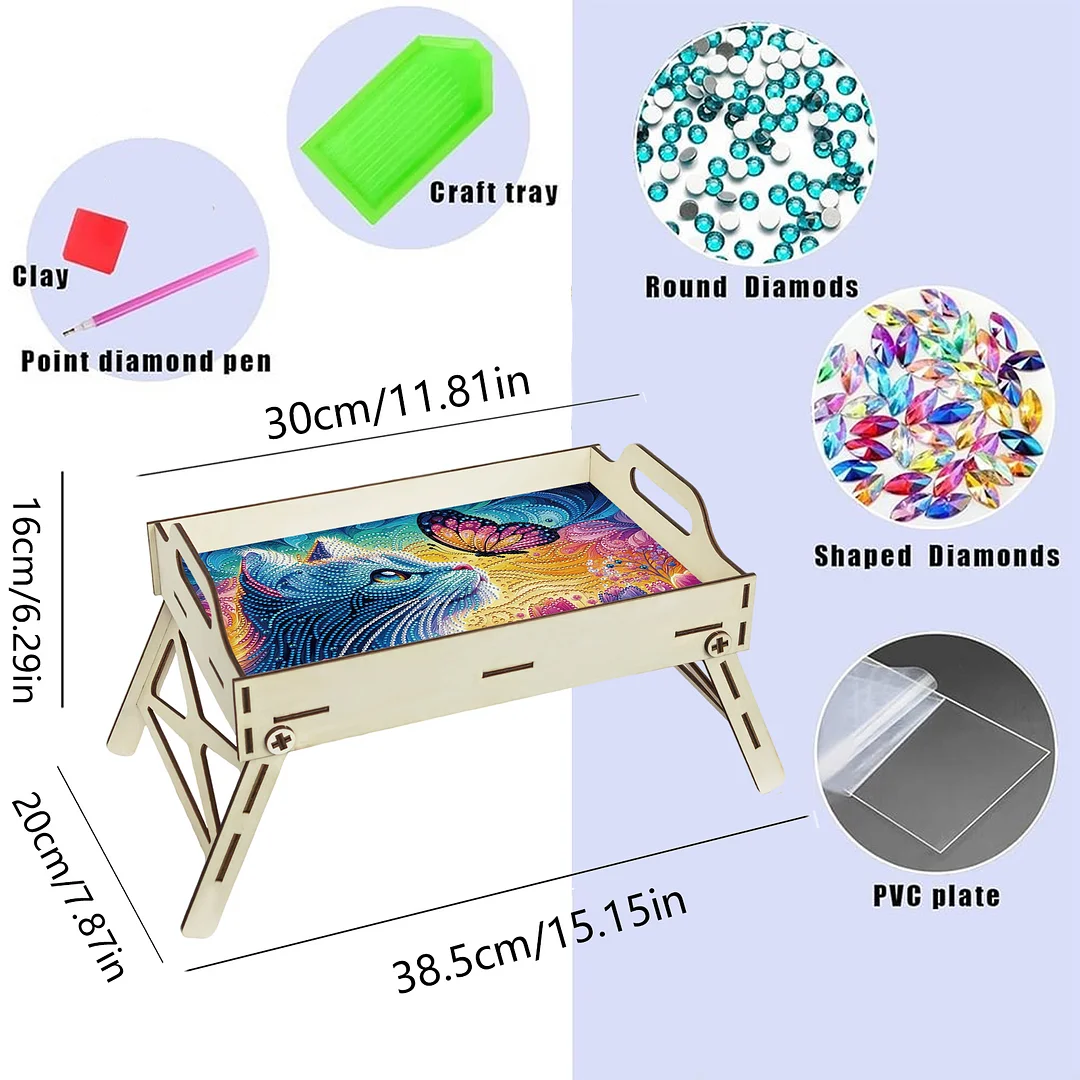 5D DIY Butterfly-Kitten Diamond Painting Serving Tray with Handle for Home Decor