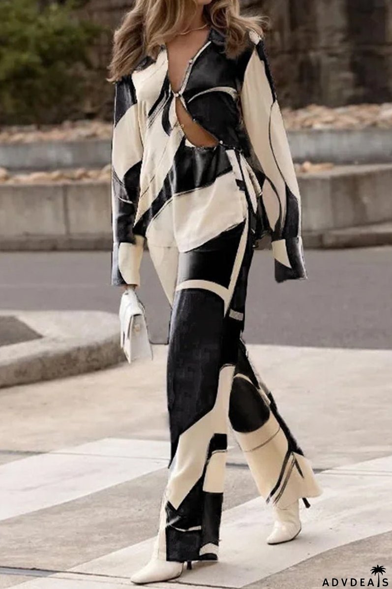 Casual Geometric Asymmetrical Printing Turndown Collar Long Sleeve Two Pieces